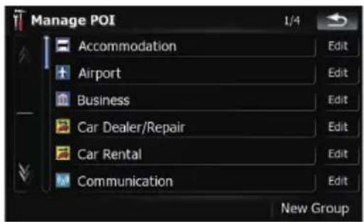 Manage POI 1/4 Accommodation Airport Business Car Dealer/Repair Car Rental Communication Edit Edit Edit Edit Edit New Group