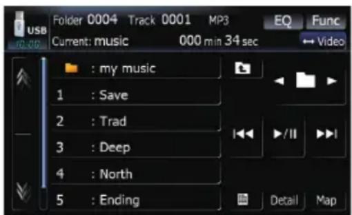 USB Folder 0004 Track 0001 MP3 Current: music 000 min 34 sec EQ Func Video : my music 1 : Save 2 : Trad 3 : Deep 4 : North 5 : Ending Detail Map