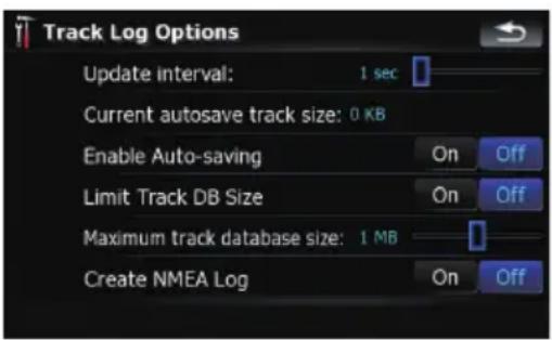 Track Log Options Update interval: 1 sec Current autosave track size: 0 KB Enable Auto-saving On Off Limit Track DB Size On Off Maximum track database size: 1 MB Create NMEA Log On Off
