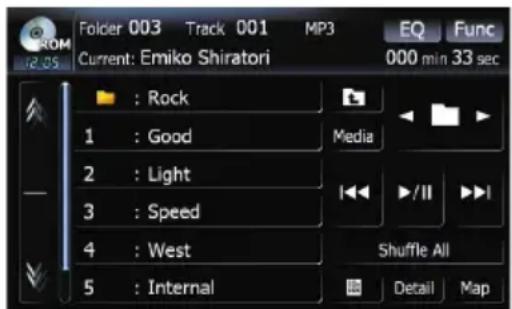 FOLDER 003 Track 001 MP3 EQ Func Current: Emiko Shiratori 000 min 33 sec : Rock 1 : Good Media 2 : Light 3 : Speed 4 : West Shuffle All 5 : Internal Detail Map
