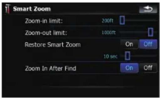 Smart Zoom Zoom-in limit: 200ft Zoom-out limit: 1000ft Restore Smart Zoom On Off 10 sec Zoom In After Find On Off