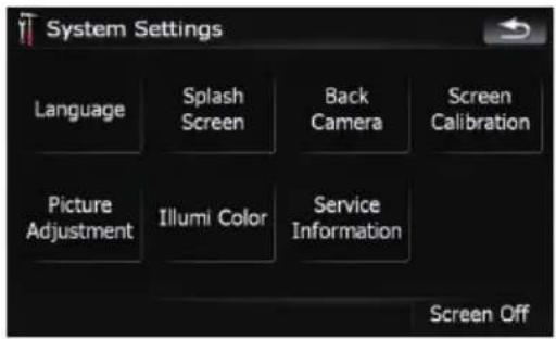 System Settings Language Splash Screen Back CameraScreen Calibration Picture Adjustment Illumi Color Service Information Screen Off