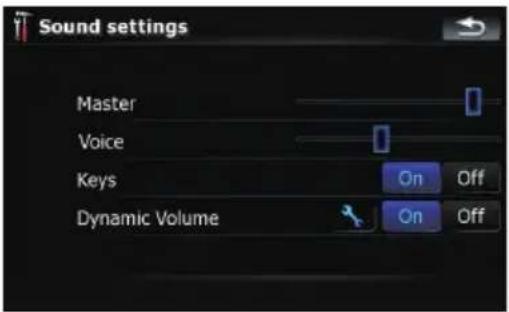 Sound settings Master Voice Keys Dynamic Volume On Off On Off
