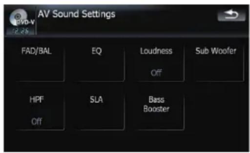 AV Sound Settings FAD/BAL EQ Loudness Sub Woofer Off HPF SLA Bass Off Booster