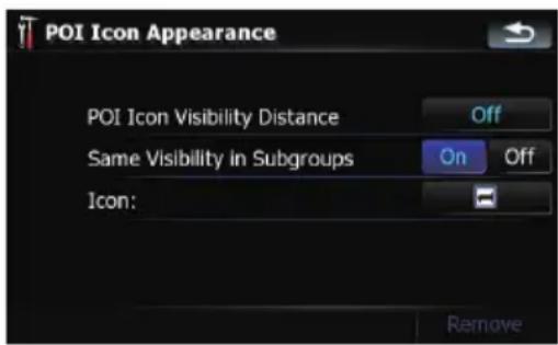 POI Icon Appearance POI Icon Visibility Distance Same Visibility in Subgroups Icon: Off On Off Remove