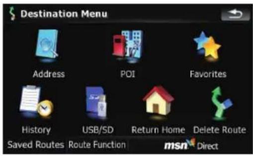Destination Menu Address POI Favorites History USB/SD Return Home Delete Route Saved Routes Route Function msn Direct