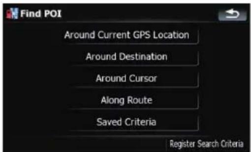 Find POI Around Current GPS Location Around Destination Around Cursor Along Route Saved Criteria Register Search Criteria
