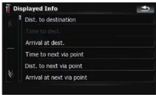 Displayed Info Dist. to destination Time to dest. Arrival at dest. Time to next via point Dist. to next via point Arrival at next via point