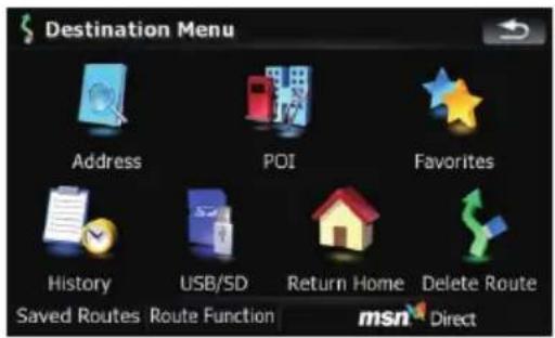 Destination Menu Address POI Favorites History USB/SD Return Home Delete Route Saved Routes Route Function msn Direct