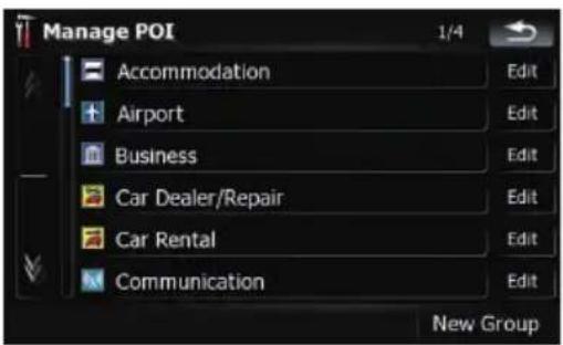 Manage POI 1/4 Accommodation Airport Business Car Dealer/Repair Car Rental Communication Edit Edit Edit Edit Edit New Group