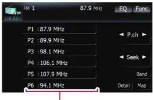 FM 1 87.9 MHz EQ Func P1 : 87.9 MHz P2 : 89.9 MHz P3 : 98.1 MHz P4 : 106.1 MHz P5 : 107.9 MHz P6 : 94.1 MHz P.ch Seek Band Detail Map