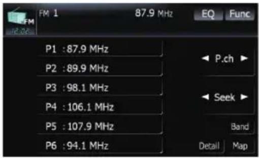 FM 1 87.9 MHz EQ Func P1 : 87.9 MHz P2 : 89.9 MHz P3 : 98.1 MHz P4 : 106.1 MHz P5 : 107.9 MHz P6 : 94.1 MHz P.ch Seek Band Detail Map