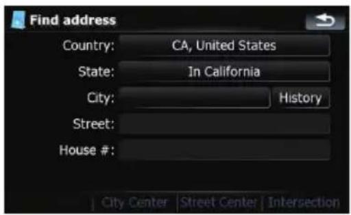 Find address Country: CA, United States State: In California City: History Street: House #: City Center Street Center Intersection