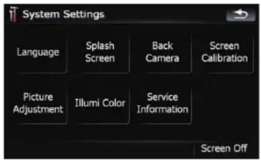 System Settings Language Splash Screen Back CameraScreen Calibration Picture Adjustment Illumi Color Service Information Screen Off