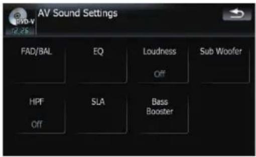 AV Sound Settings FAD/BAL EQ Loudness Sub Woofer Off HPF SLA Bass Booster Off