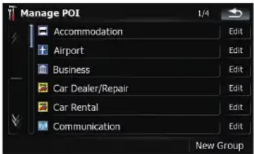 Manage POI 1/4 Accommodation Airport Business Car Dealer/Repair Car Rental Communication Edit Edit Edit Edit Edit New Group