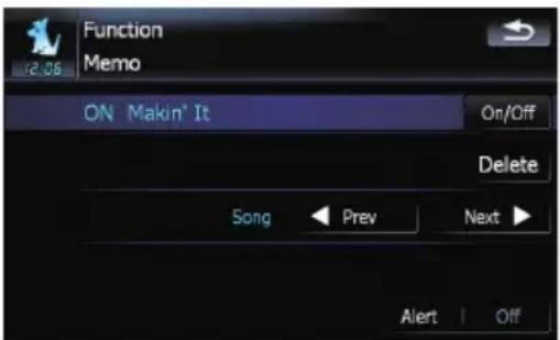 Function Memo 2.06 ON Makin' It On/Off Delete Song Prev Next Alert Off