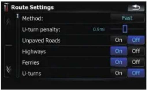 Route Settings Method: Fast U-turn penalty: 0.9mi Unpaved Roads On Off Highways On Off Ferries On Off U-turns On Off