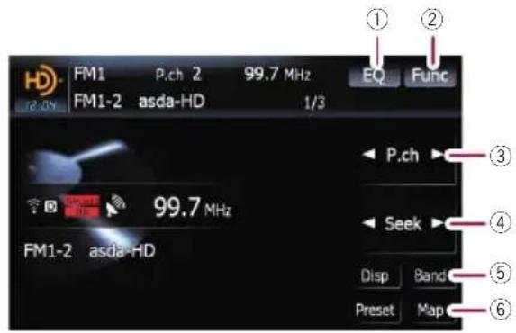 FM1 P.ch 2 99.7 MHz EQ Func FM1-2 asda-HD 1/3 P.ch 99.7 MHz FM1-2 asda-HD Seek Disp Band Preset Map