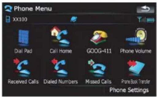 Phone Menu XX100 Dial Pad Call Home GOOG-411 Phone Volume Received Calls Dialed Numbers Missed Calls Phone Book Transfer Phone Settings
