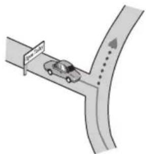 Diagram showing a car driving on a curved road with directional signs and arrows indicating flow or movement.