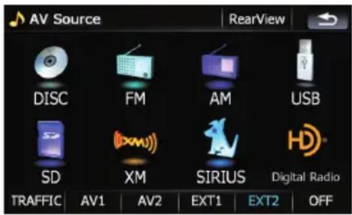 AV Source RearView DISC FM AM USB SD XM SIRIUS Digital Radio TRAFFIC AV1 AV2 EXT1 EXT2 OFF