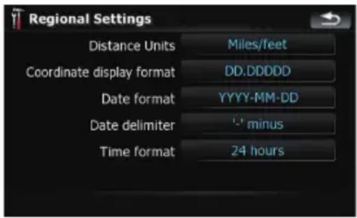 Regional Settings Distance Units Miles/feet Coordinate display format DD.DDDDD Date format YYYY-MM-DD Date delimiter '-' minus Time format 24 hours