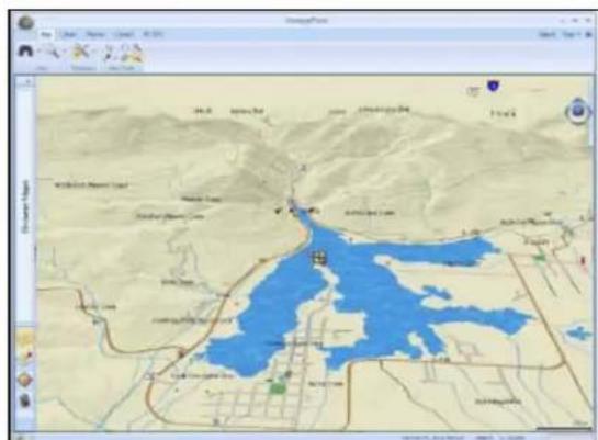 Map screenshot showing a blue lake surrounded by mountainous terrain with labeled locations and scale bar