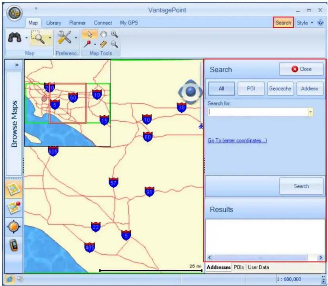VantagePoint Map Library Planner Connect My GPS Search Style Map Preferences Map Tools Browse Maps 10 60 10 5 15 30 605 57 81 22 405 25 mi Search Close All POI Geocache Address Search for: Go To (enter coordinates...) Search Results Addresses POIs User Data 1 : 680,000