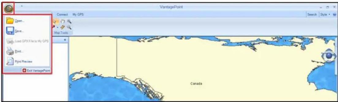 VantagePoint Connect My GPS Map Tools Open... Save... Used GPX File to My GPS Print... Print Preview Exit VantagePoint Canada