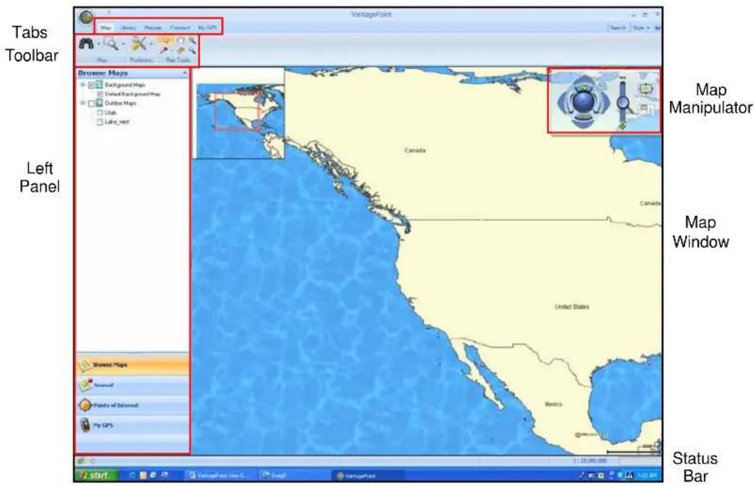Tabs Toolbar VantagePoint Map Abree Planner Connect My GPS Map Pathers Real Tools Brunoc Maps Background Maps Default Background Map Outdoor Maps Utah Lake Visit Canada Map Manipulator Left Panel Browse Maps Swissell Plants of Internet My GPS United States Canada Map Window Mexico Status Bar