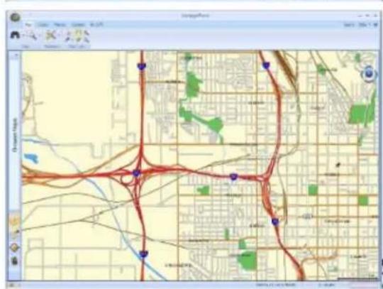 Map interface displaying a red network with blue nodes and connecting lines, likely representing a transportation or network route map.