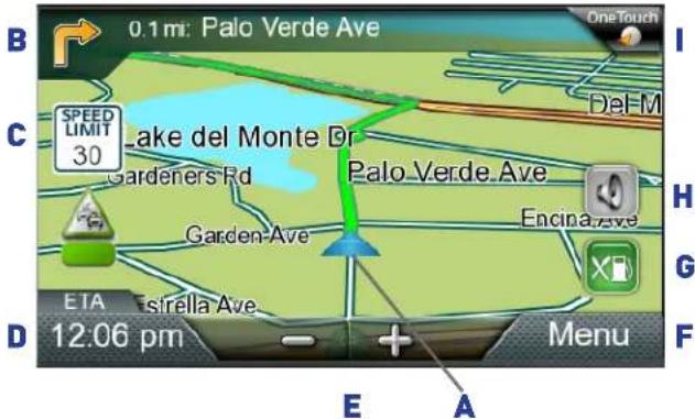 0.1 mi: Palo Verde Ave B C SPEED LIMIT 30 Lake del Monte Dr Gardeners Rd Palo Verde Ave Encina Ave D ETA Estrella Ave 12.06 pm E A Menu I H G F