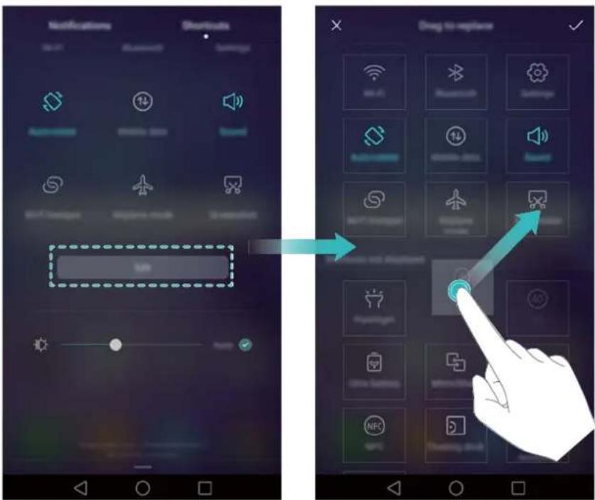 Notifications Shortcuts Drag to replace → OK Cancel