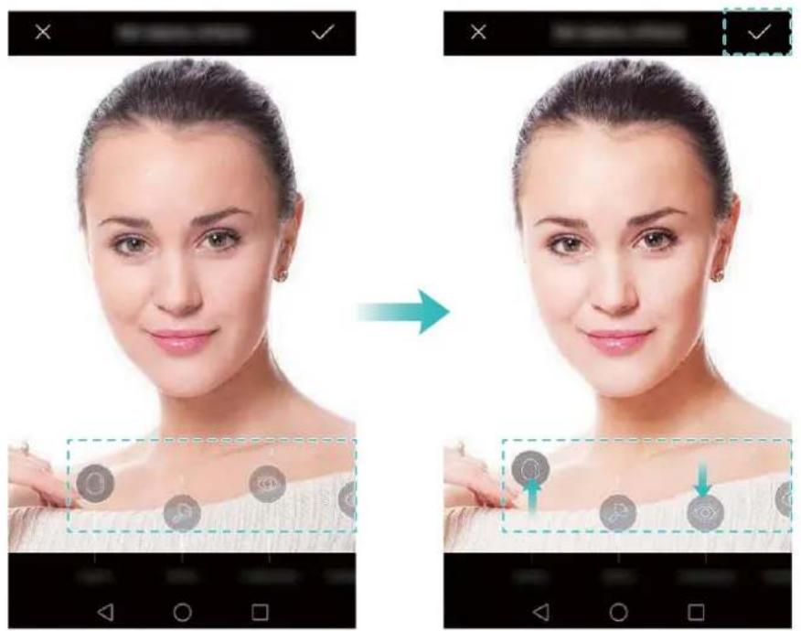 Before-and-after facial photo editing process showing transformation of a woman's face with circular icons and adjustment arrows