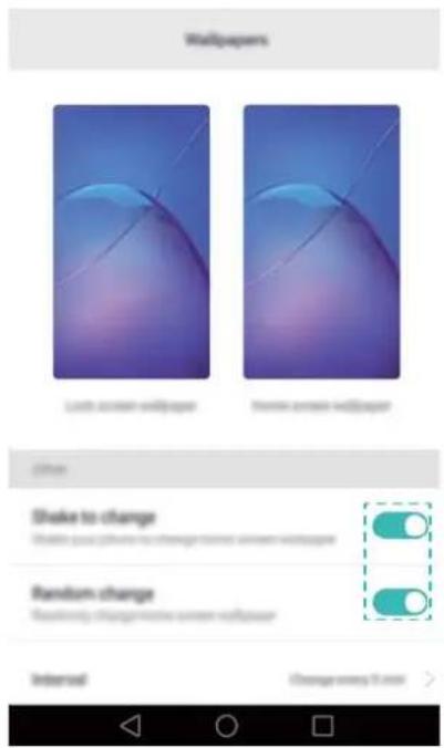 Wallpapers Lock screen wallpaper Show screen wallpaper Shake to change Show your phone to change screen wallpaper Random change Randomly change screen wallpaper Internal Change every 3 min >