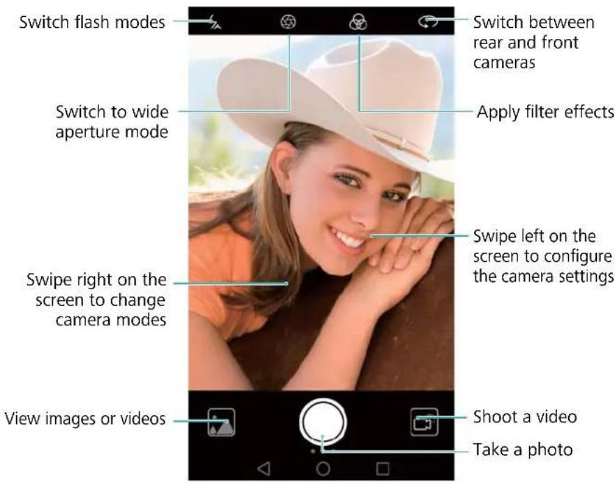 Switch flash modes Switch to wide aperture mode Swipe right on the screen to change camera modes View images or videos Switch between rear and front cameras Apply filter effects Swipe left on the screen to configure the camera settings Shoot a video Take a photo
