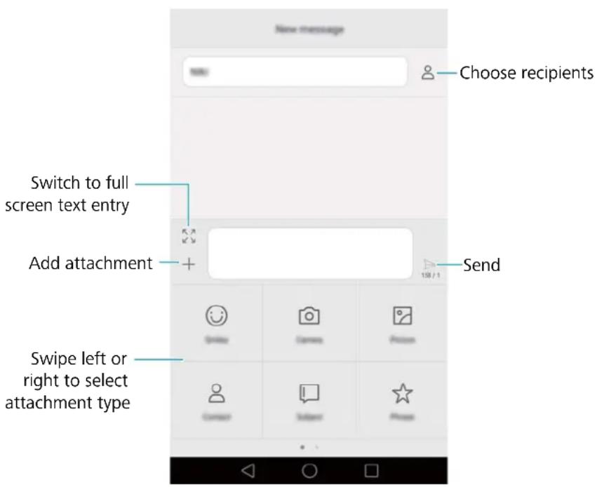 New message Choose recipients Switch to full screen text entry Add attachment Send Swipe left or right to select attachment type
