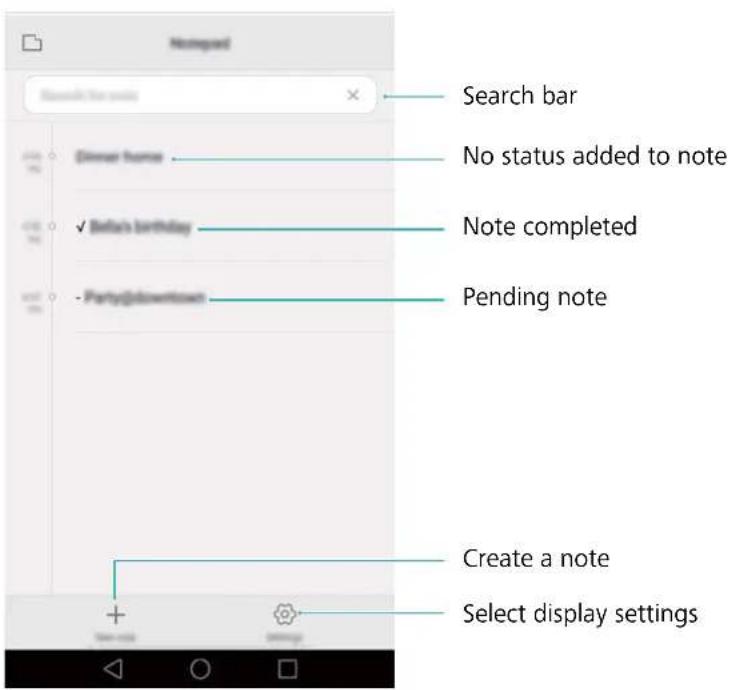 Search bar Dinner home ✓ Before birthday - Party@downtown Search bar No status added to note Note completed Pending note Create a note Select display settings