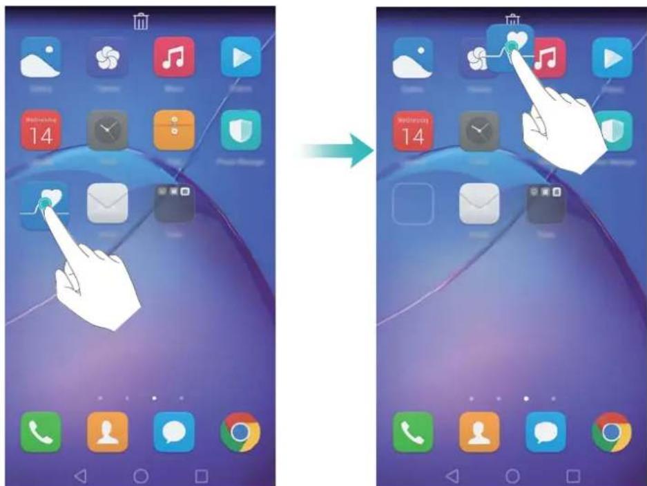 Comparison of iOS home screen usage before and after, showing app icons and a hand interacting with the next step.