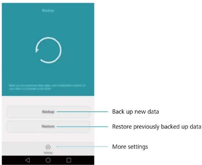 Back up Backup Restore More settings Back up new data Restore previously backed up data