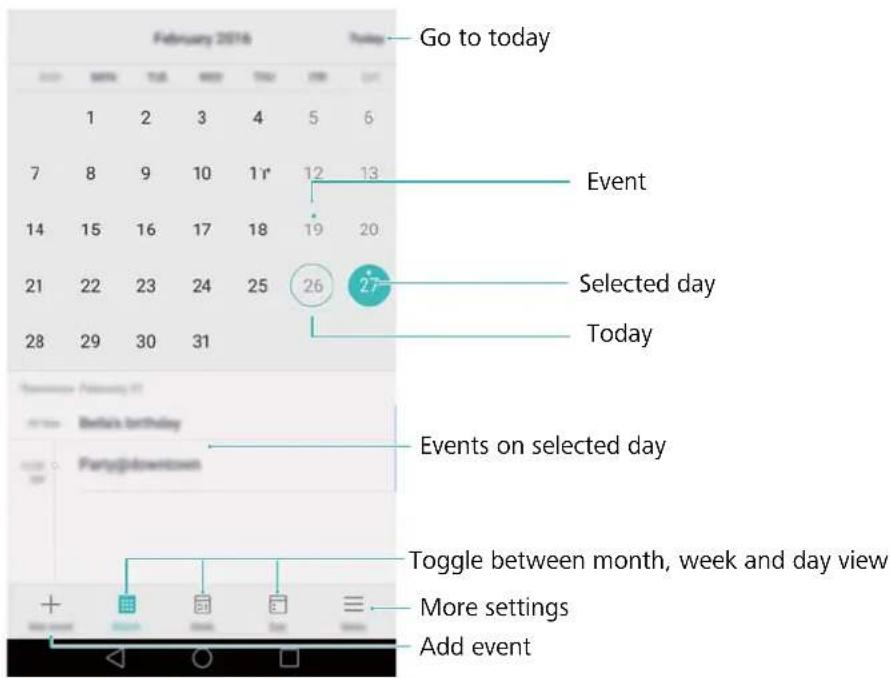 February 2016 Go to today Event Selected day Today Events on selected day Toggle between month, week and day view More settings Add event
