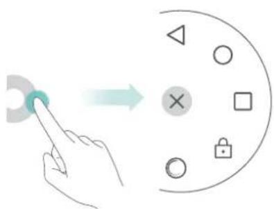 Diagram showing a hand pointing to a circular button with various symbols and an arrow, likely illustrating a UI or control interface.