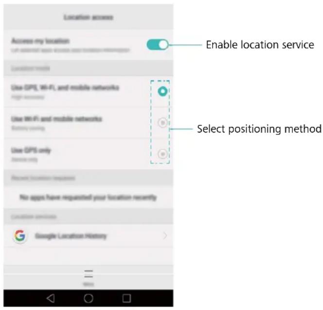 Location access Access my location Enable location service Use GPS, Wi-Fi, and mobile networks Select positioning method Use Wi-Fi and mobile networks Use GPS only No apps have requested your location recently Google Location History