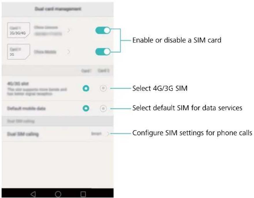 Dual card management Open 1 2G/3G/4G Open Close Open History Enable or disable a SIM card Open 2 2G Open 1 Open 2 4G/3G slot This offer supports more benefits and free better digital resilience Select 4G/3G SIM Default mobile data Select default SIM for data services Dual SIM calling Configure SIM settings for phone calls Dual SIM calling Insert