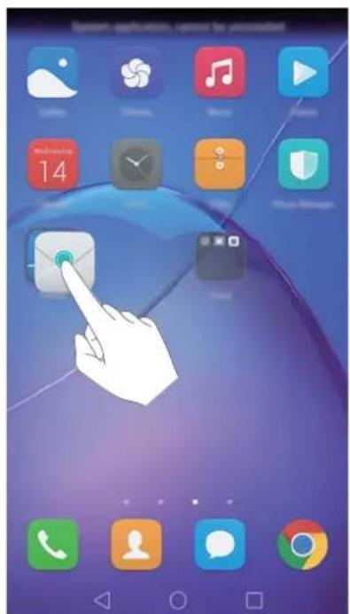 Smartphone home screen screenshot showing app icons and a hand interacting with a touchscreen button