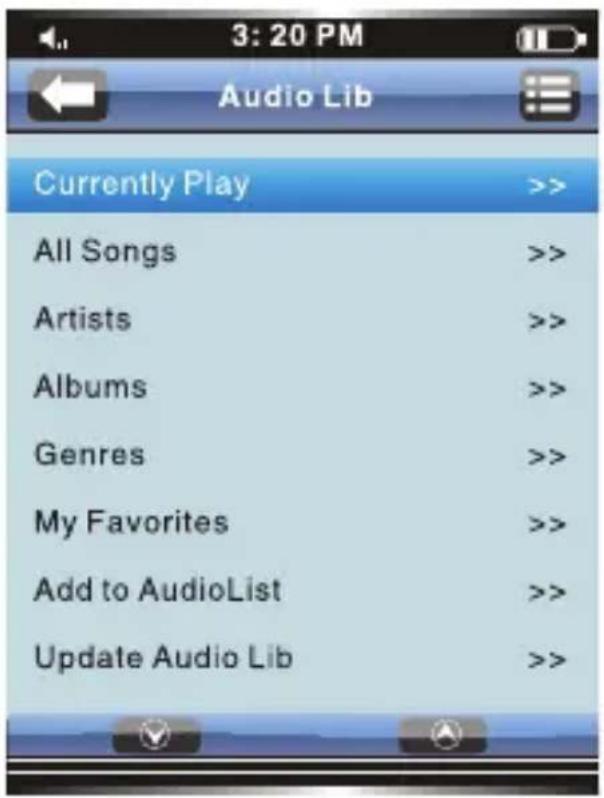 3:20 PM Audio Lib Currently Play >> All Songs >> Artists >> Albums >> Genres >> My Favorites >> Add to AudioList >> Update Audio Lib >>