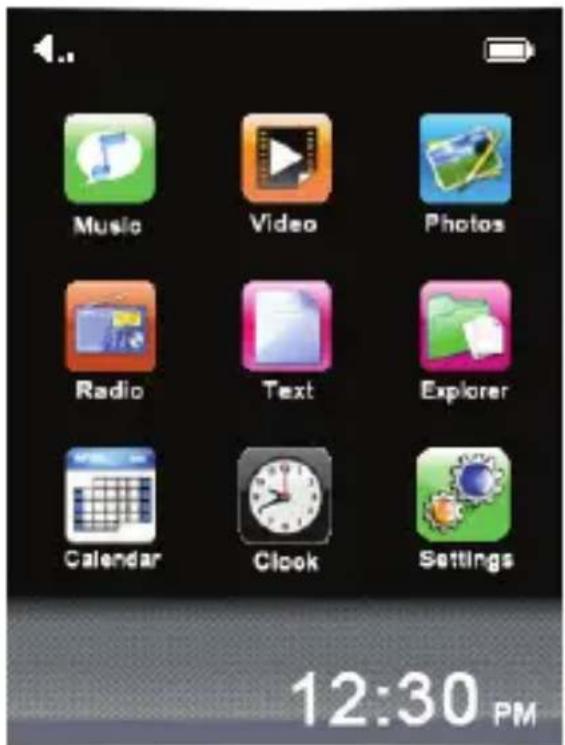 Music Video Photos Radio Text Explorer Calendar Clock Settings 12:30 PM