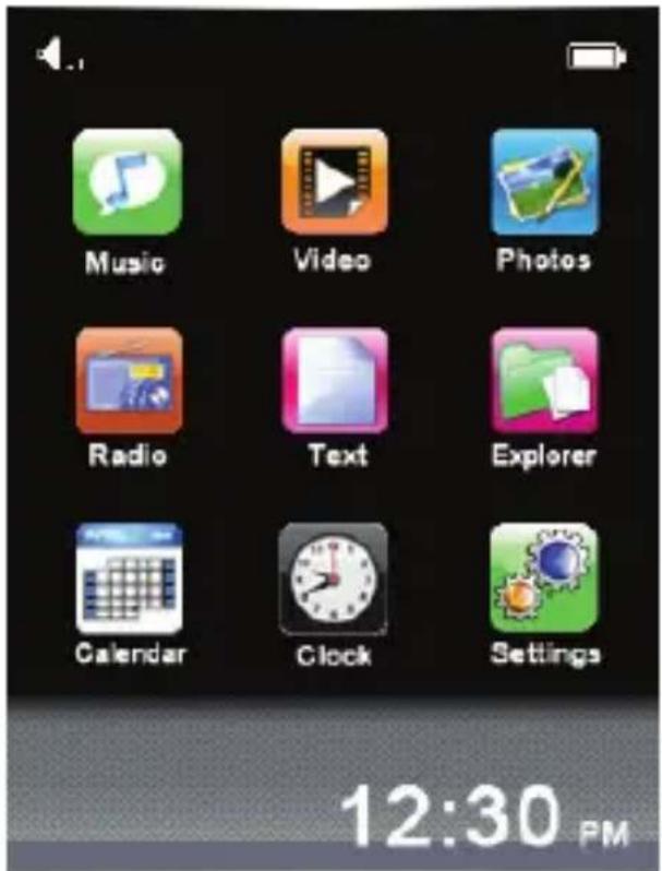 Music Video Photos Radio Text Explorer Calendar Clock Settings 12:30 PM