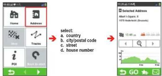 Home Address select: a. country b. city/postal code c. street d. house number 13:45 pm Selected Address Albert L-Square, R 1070 Anderbecht (Brussels) GO